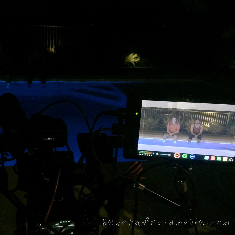 Night shoot — pool scene on the monitor