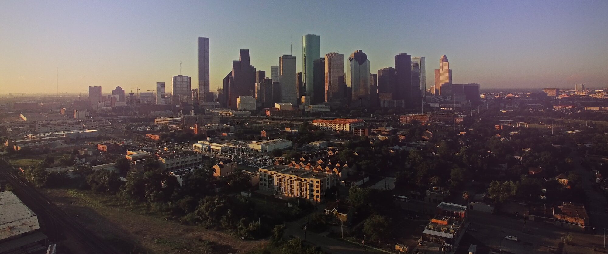 Aerial view of Houston, TX skyline at sunset