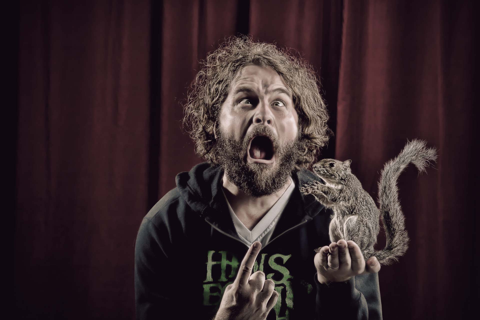 Taylor Gahm with squirrel — behind the scenes on Rob Bell's Drops Like Stars